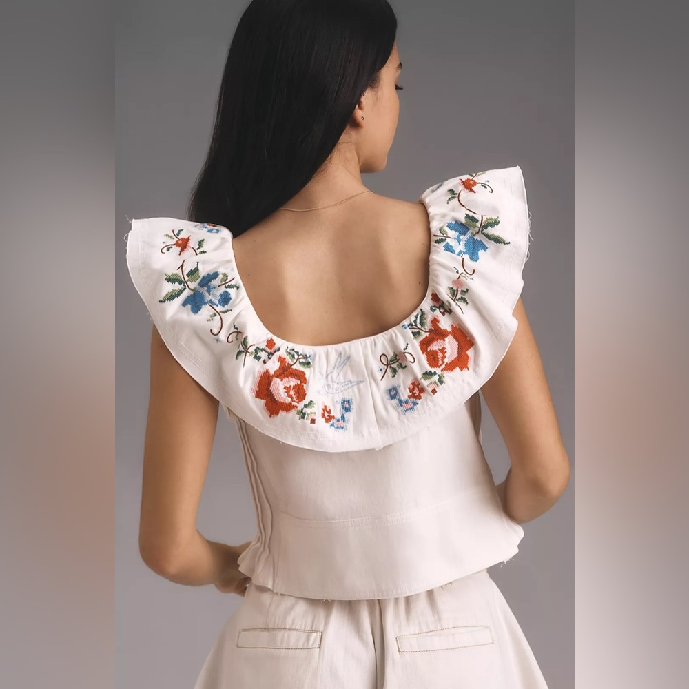 Embroidered White Ruffle-Sleeve Button Front Top - Picture 4 of 12